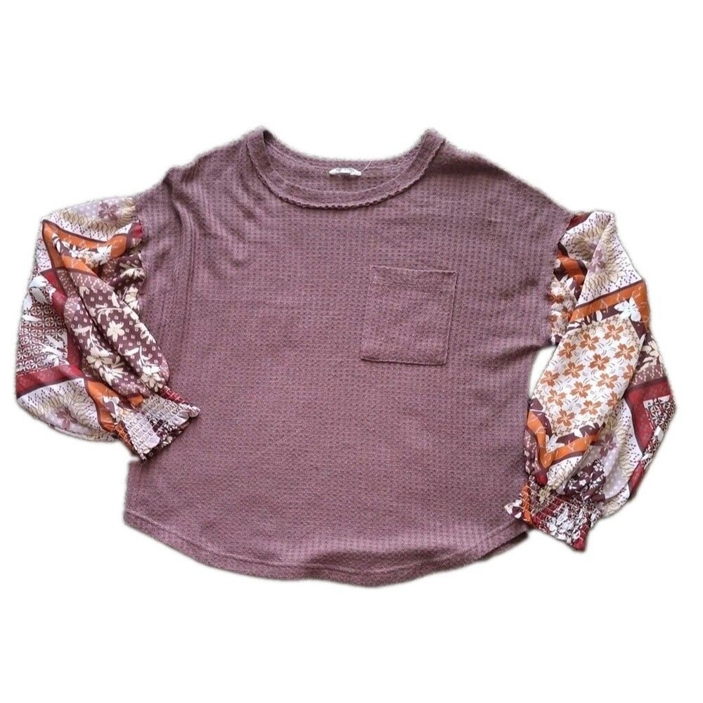 In Loom Oversized Waffle Knit Top Small Patcwork Balloon Sleeve Boho Shabby Chic